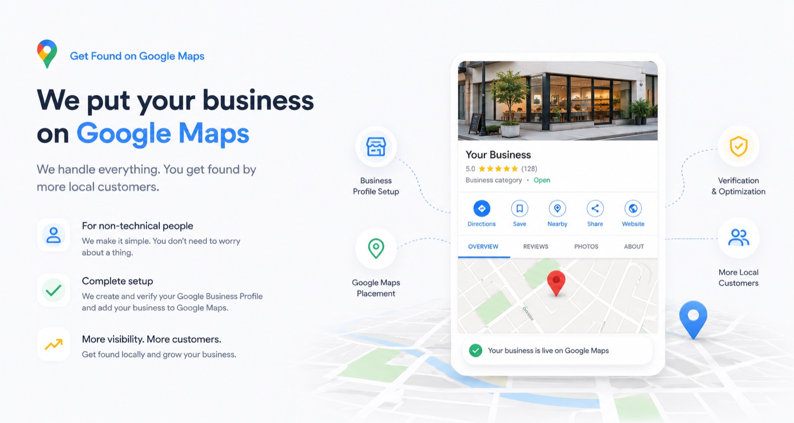 We put your business on Google Maps — business profile setup, Maps placement, verification and optimisation, more local customers